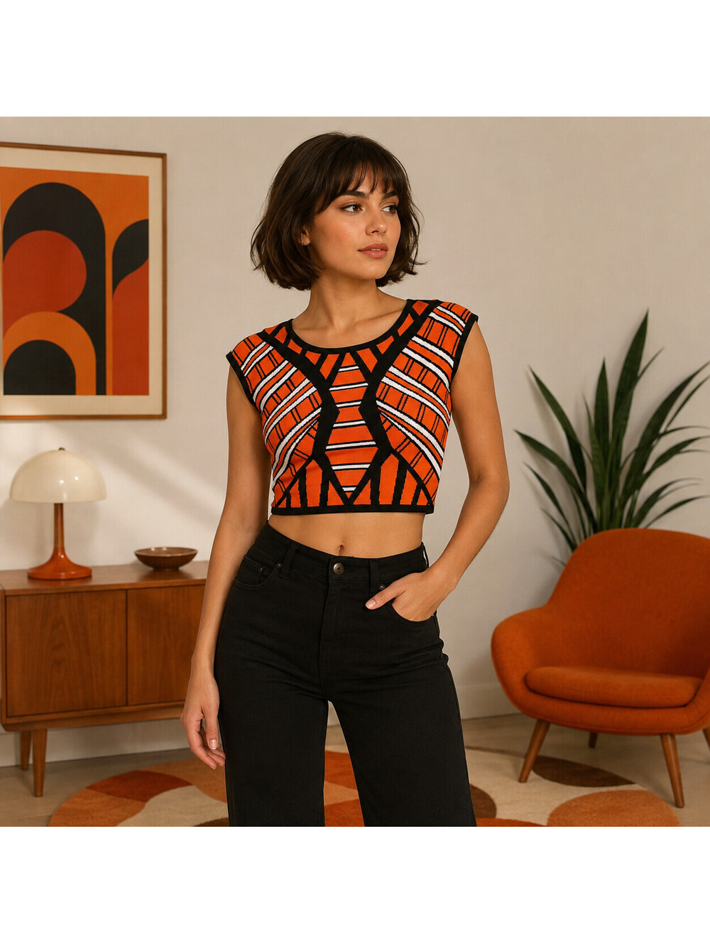 Hera Collection Geometric Crop Top Womens S Orange Black Mod Retro Artsy Knit